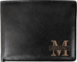 Corner Monogram Initial Engraved Personalized One Black Wallet Personalized Men's Bifold Leather RFID Blocking Wallet for Groomsman Best Man Wedding Party Gift