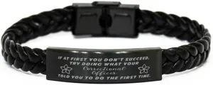 Correctional Officer Braided Leather Bracelet, If at first you don't succeed, try doing what your athletic trainer told you to do the first time., Laser Engraved, Stainless Steel Wristband