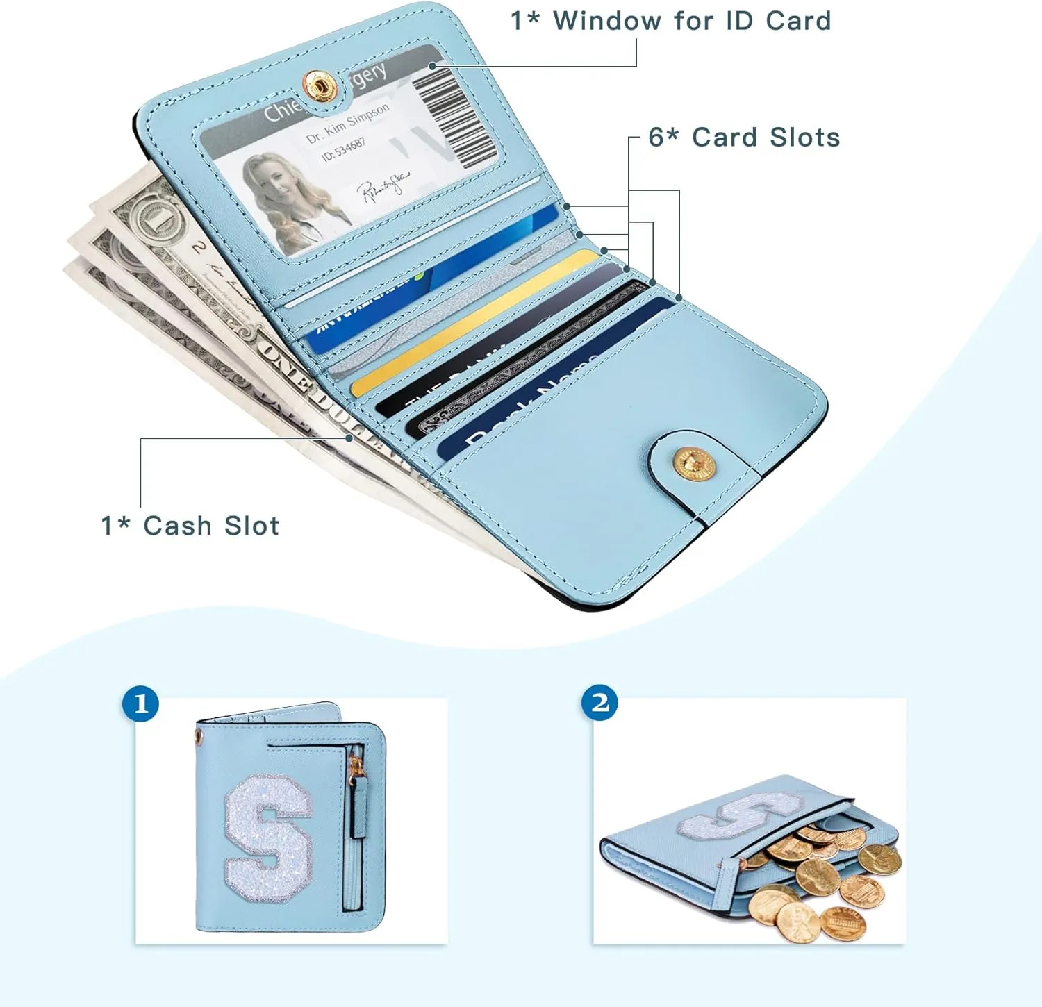 COSHAYSOO Initial RFID Wallet Small for Teenage Girl Travel Daily Accessories, Tiny Bifold PU Leather Wallet Minimalist with Zipper Pocket Credit Card Slot Birthday Trendy Easter Gift Blue S
