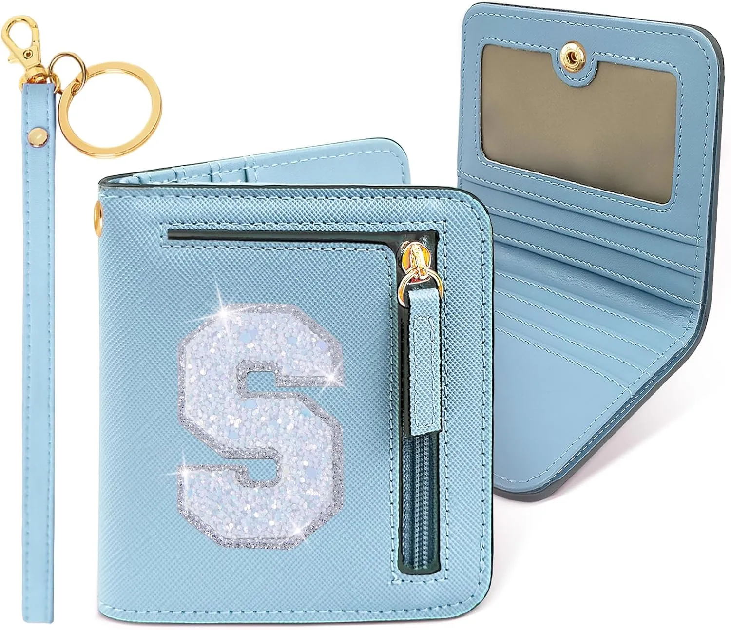 COSHAYSOO Initial RFID Wallet Small for Teenage Girl Travel Daily Accessories, Tiny Bifold PU Leather Wallet Minimalist with Zipper Pocket Credit Card Slot Birthday Trendy Easter Gift Blue S