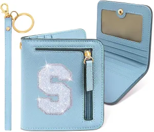 COSHAYSOO Initial RFID Wallet Small for Teenage Girl Travel Daily Accessories, Tiny Bifold PU Leather Wallet Minimalist with Zipper Pocket Credit Card Slot Birthday Trendy Easter Gift Blue S