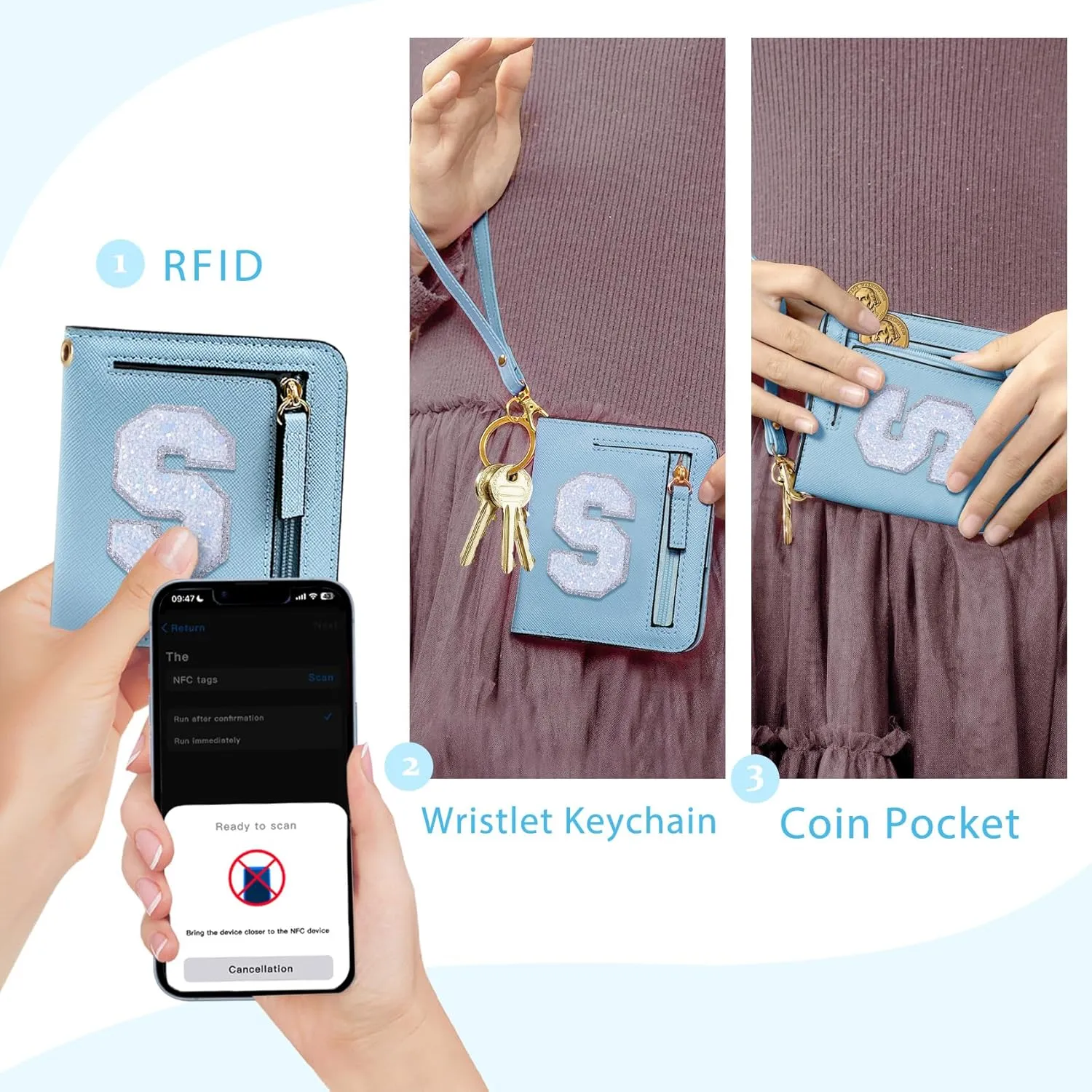 COSHAYSOO Initial RFID Wallet Small for Teenage Girl Travel Daily Accessories, Tiny Bifold PU Leather Wallet Minimalist with Zipper Pocket Credit Card Slot Birthday Trendy Easter Gift Blue S