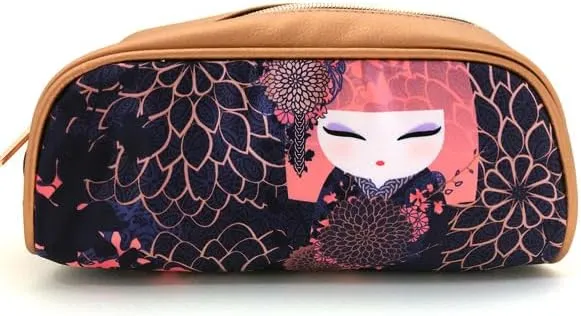 Cosmetic Case, Gift for Women - Kokeshi Doll Floral Pattern Makeup Pouch, Small Item Storage, Fashion Accessory (KOKORO)