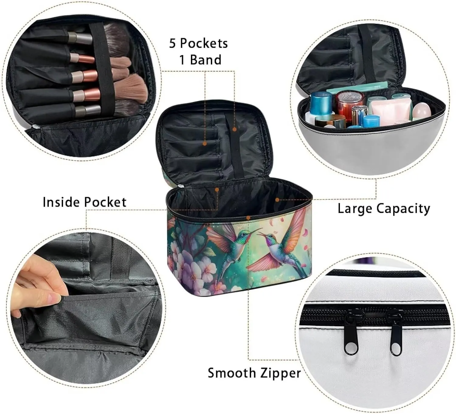 Cosmetic Travel Bags for Women Teen Girls Aesthetic Hummingbird Floral Makeup Pouch for Purse Zipper Cosmetic Bag Large Capacity Makeup Bag Gift Travel Toiletry Make Up Organizer