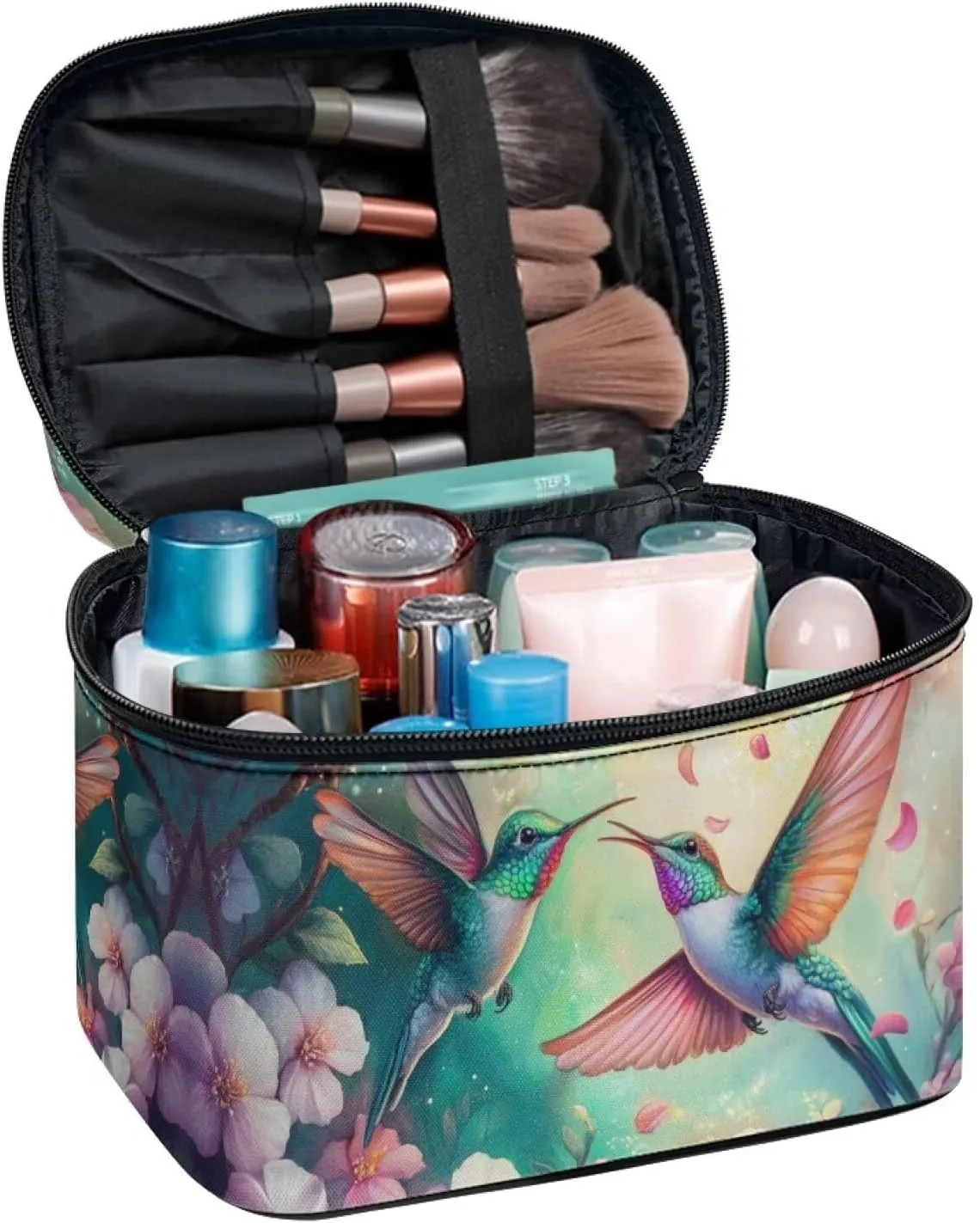 Cosmetic Travel Bags for Women Teen Girls Aesthetic Hummingbird Floral Makeup Pouch for Purse Zipper Cosmetic Bag Large Capacity Makeup Bag Gift Travel Toiletry Make Up Organizer