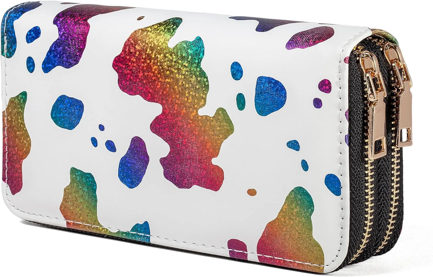 Cow Print Glitter Wallet for Women Western Highland Purse Cow Stuff Gifts Double Zipper Ladies Large Capacity Money Organizers (Colorful Cow)