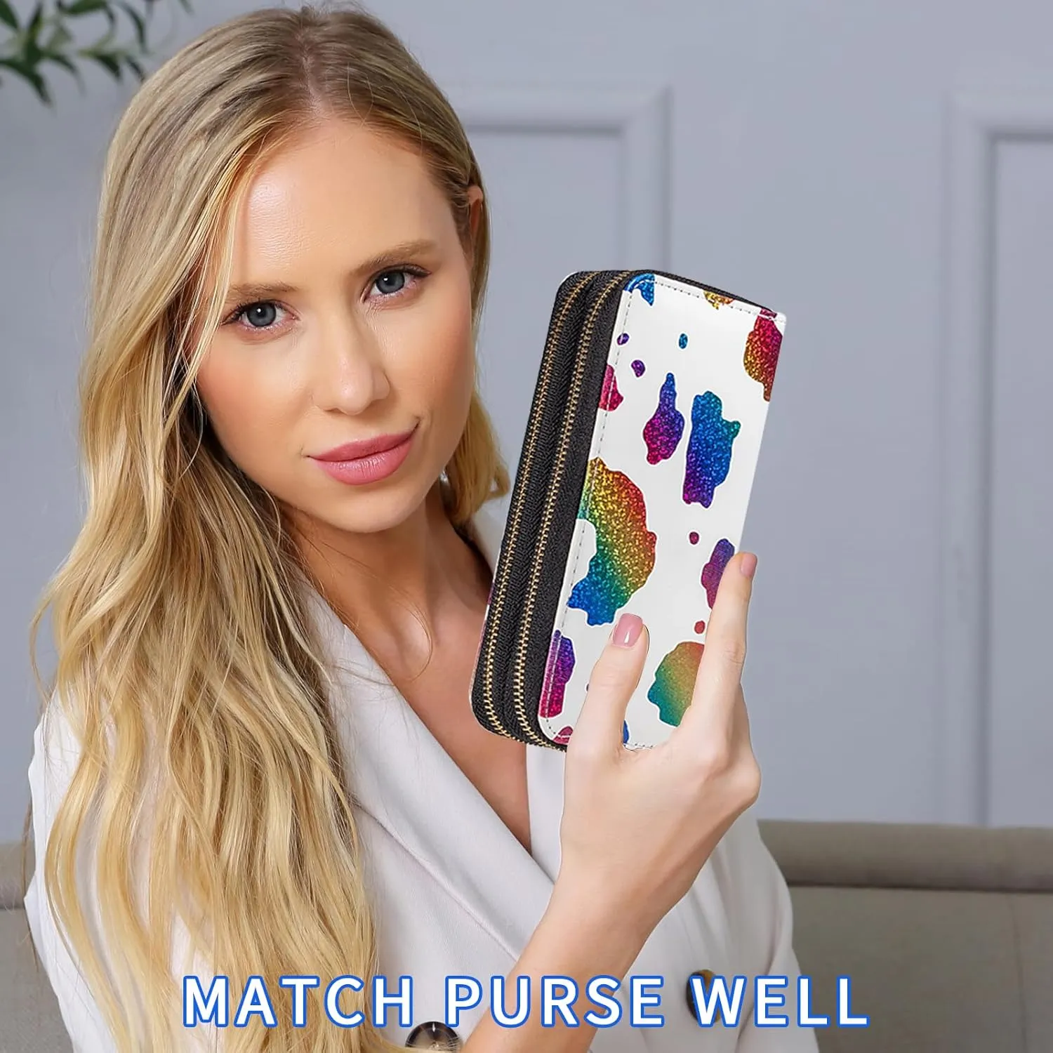 Cow Print Glitter Wallet for Women Western Highland Purse Cow Stuff Gifts Double Zipper Ladies Large Capacity Money Organizers (Colorful Cow)