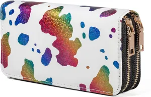 Cow Print Glitter Wallet for Women Western Highland Purse Cow Stuff Gifts Double Zipper Ladies Large Capacity Money Organizers (Colorful Cow)