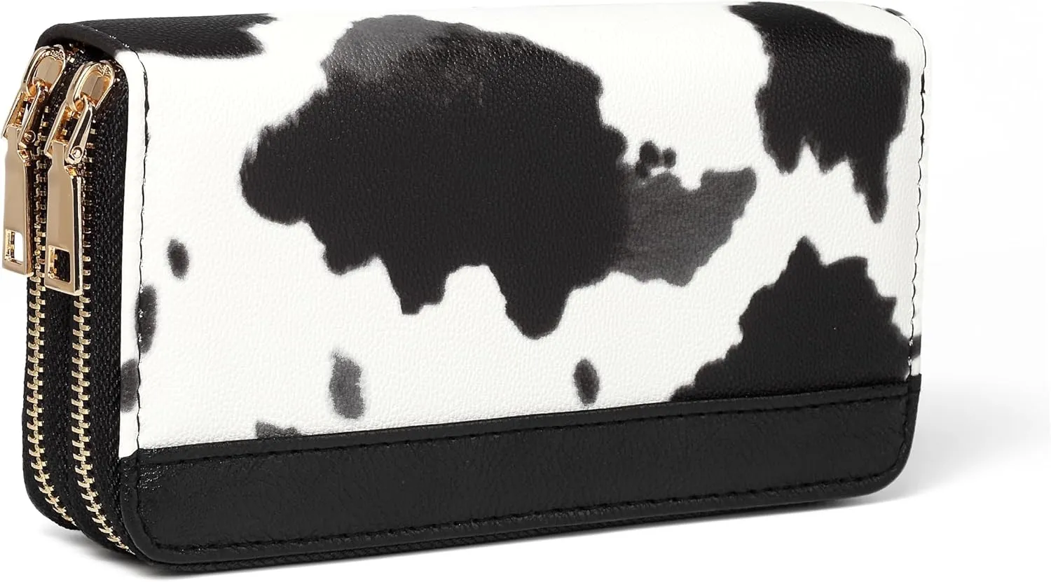 Cow Print Wallet for Women Men, Western Highland Cow Purse, Cowhide Cute Double Zippers Credit Card Holder Cow Stuff Gifts for Ladies (Black)