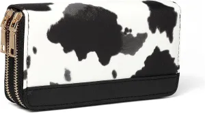 Cow Print Wallet for Women Men, Western Highland Cow Purse, Cowhide Cute Double Zippers Credit Card Holder Cow Stuff Gifts for Ladies (Black)