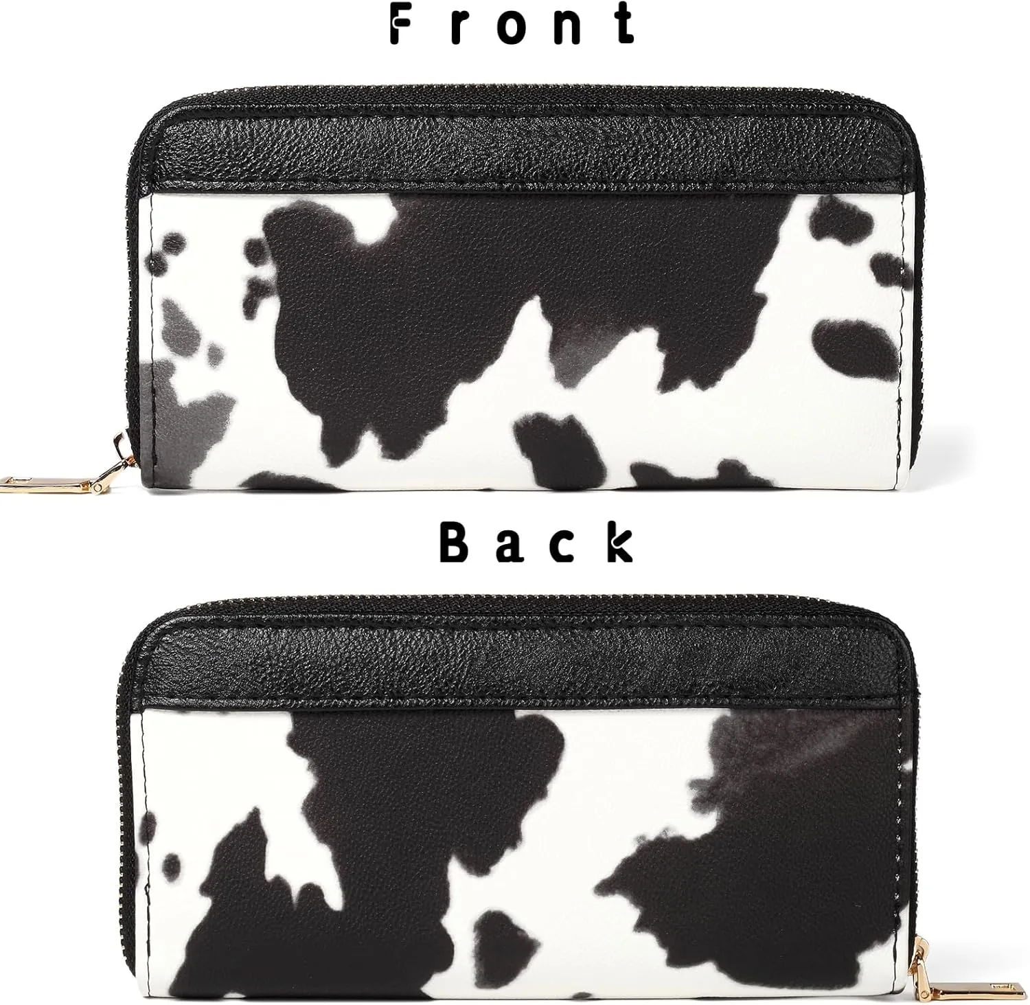 Cow Print Wallet for Women Men, Western Highland Cow Purse, Cowhide Cute Double Zippers Credit Card Holder Cow Stuff Gifts for Ladies (Black)