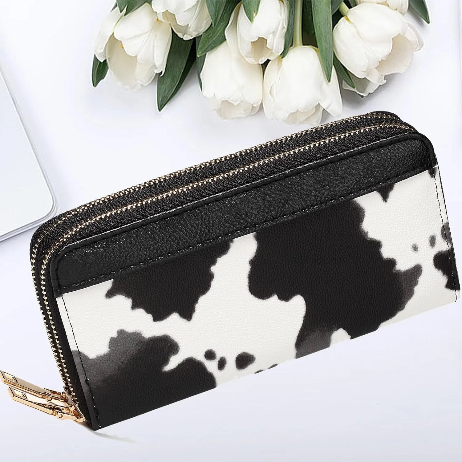 Cow Print Wallet for Women Men, Western Highland Cow Purse, Cowhide Cute Double Zippers Credit Card Holder Cow Stuff Gifts for Ladies (Black)