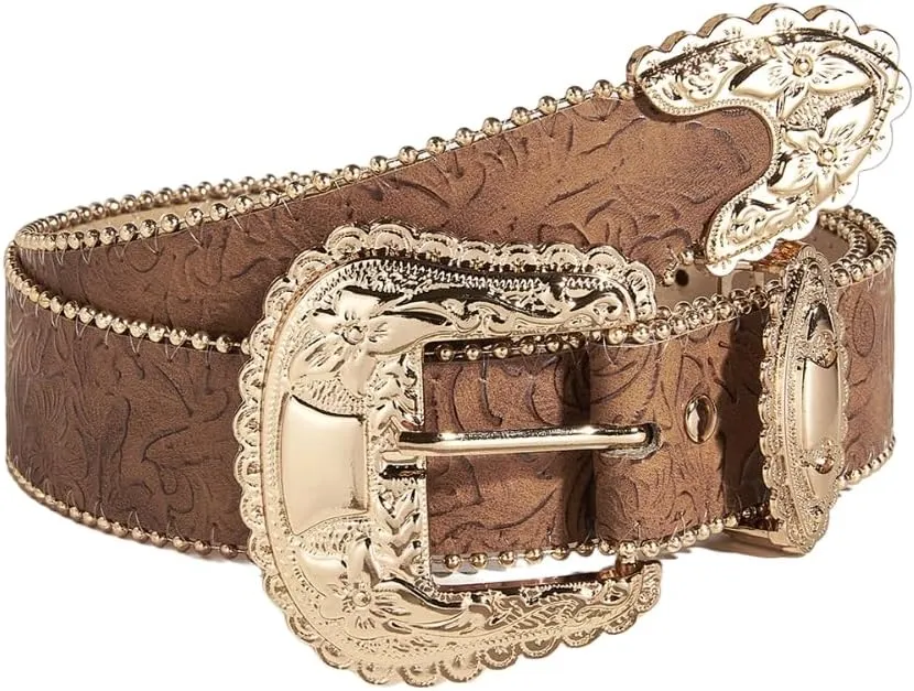 Cowgirl Gold Buckle Belt Western Vintage Country Cowboy Floral Print Leather Belts for Women jean
