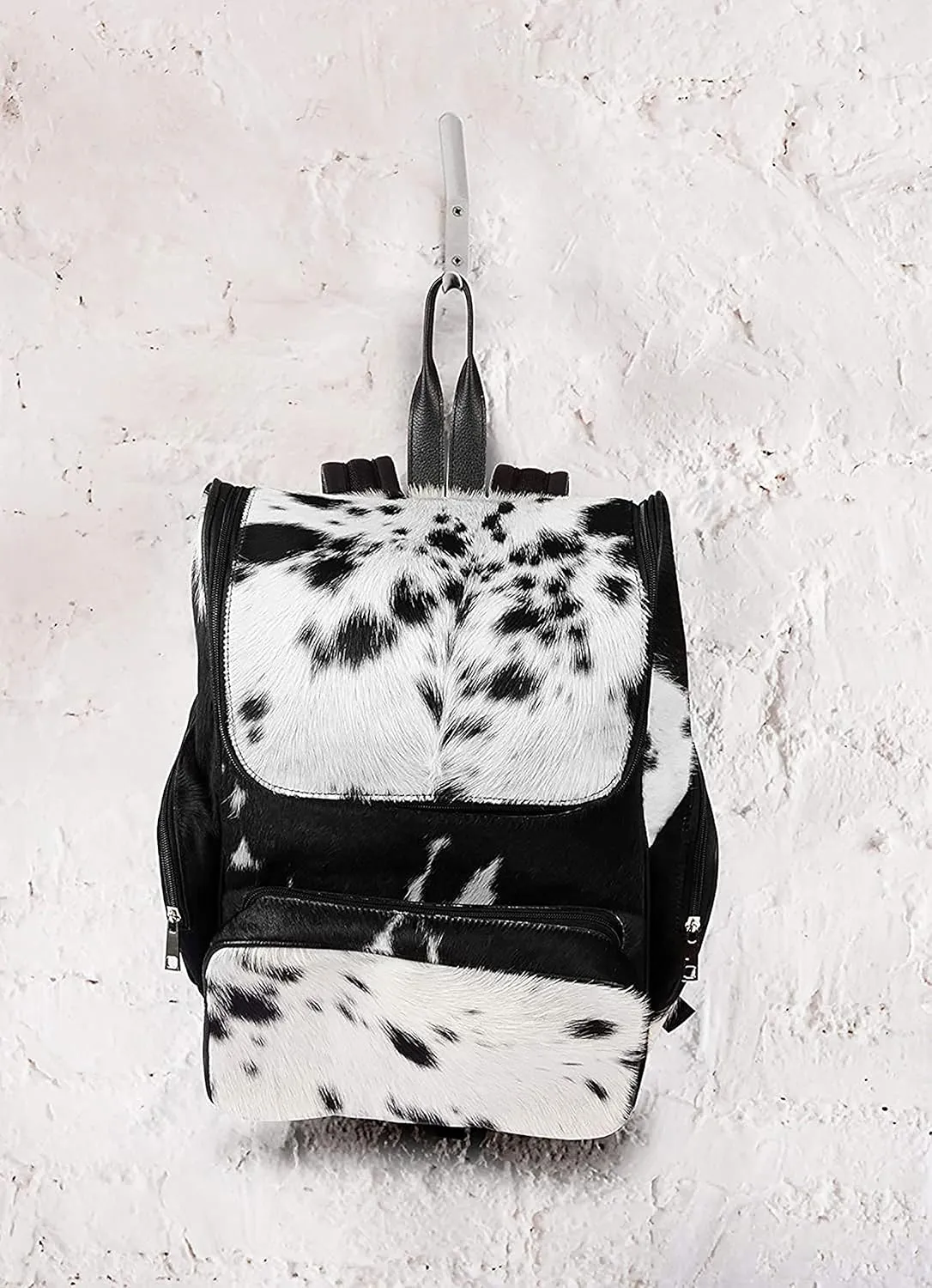 Cowhide Fur Hair Print Leather Diaper Backpack Rucksack / Knapsack Travel Shoulder Bag Dark Brown & White (Backpack 2)