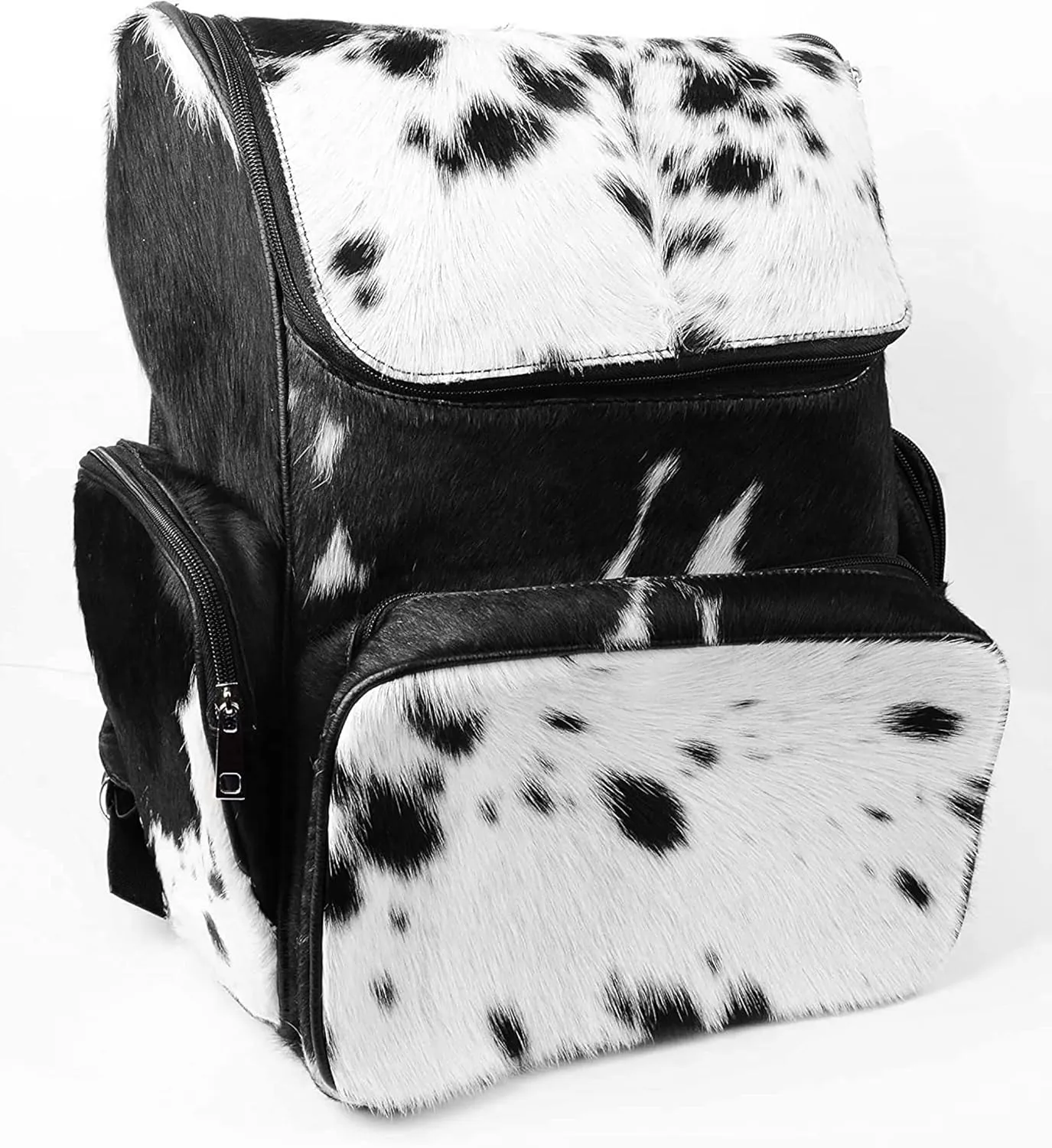 Cowhide Fur Hair Print Leather Diaper Backpack Rucksack / Knapsack Travel Shoulder Bag Dark Brown & White (Backpack 2)
