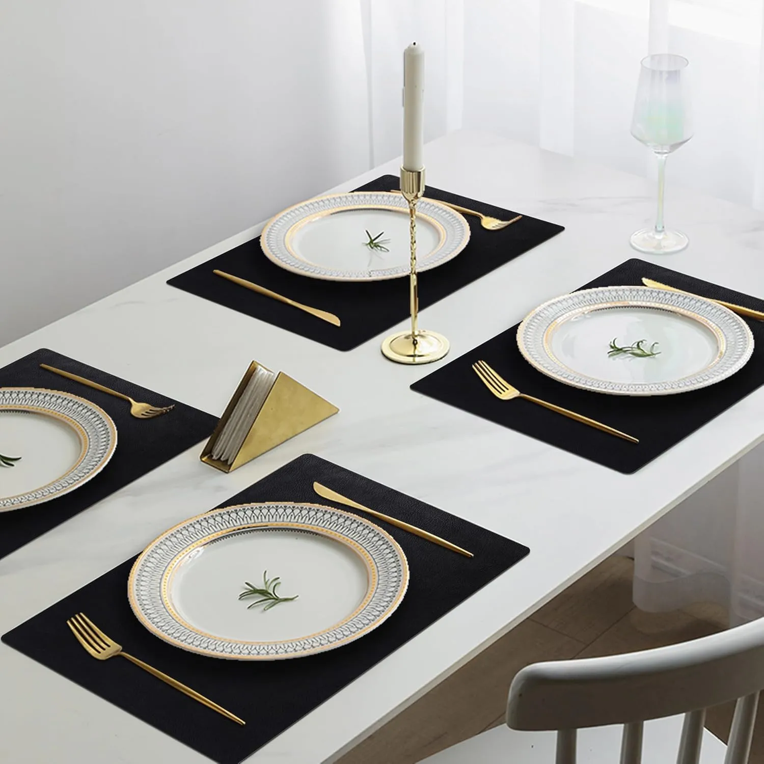 Cowhide Pattern Placemats Set of 6, Faux Leather Place Mats Heat Resistant Non-Slip Waterproof Wipeable Kitchen Dining Reversible Table Mat for Indoor & Outdoor,Black