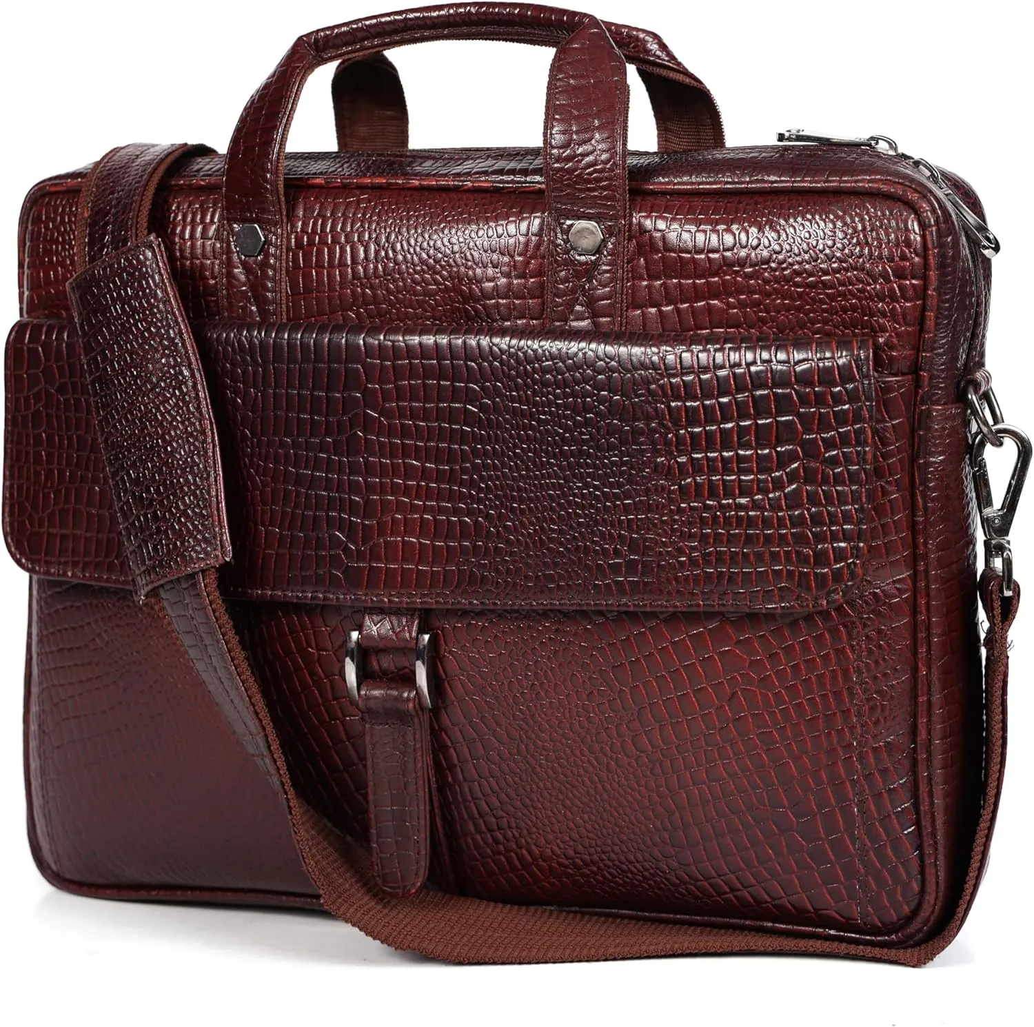 Crocodile Embossed leather bag for men, 5 Zipper Pockets with Spacious Compartments.,12 x 16 x 4 inches.