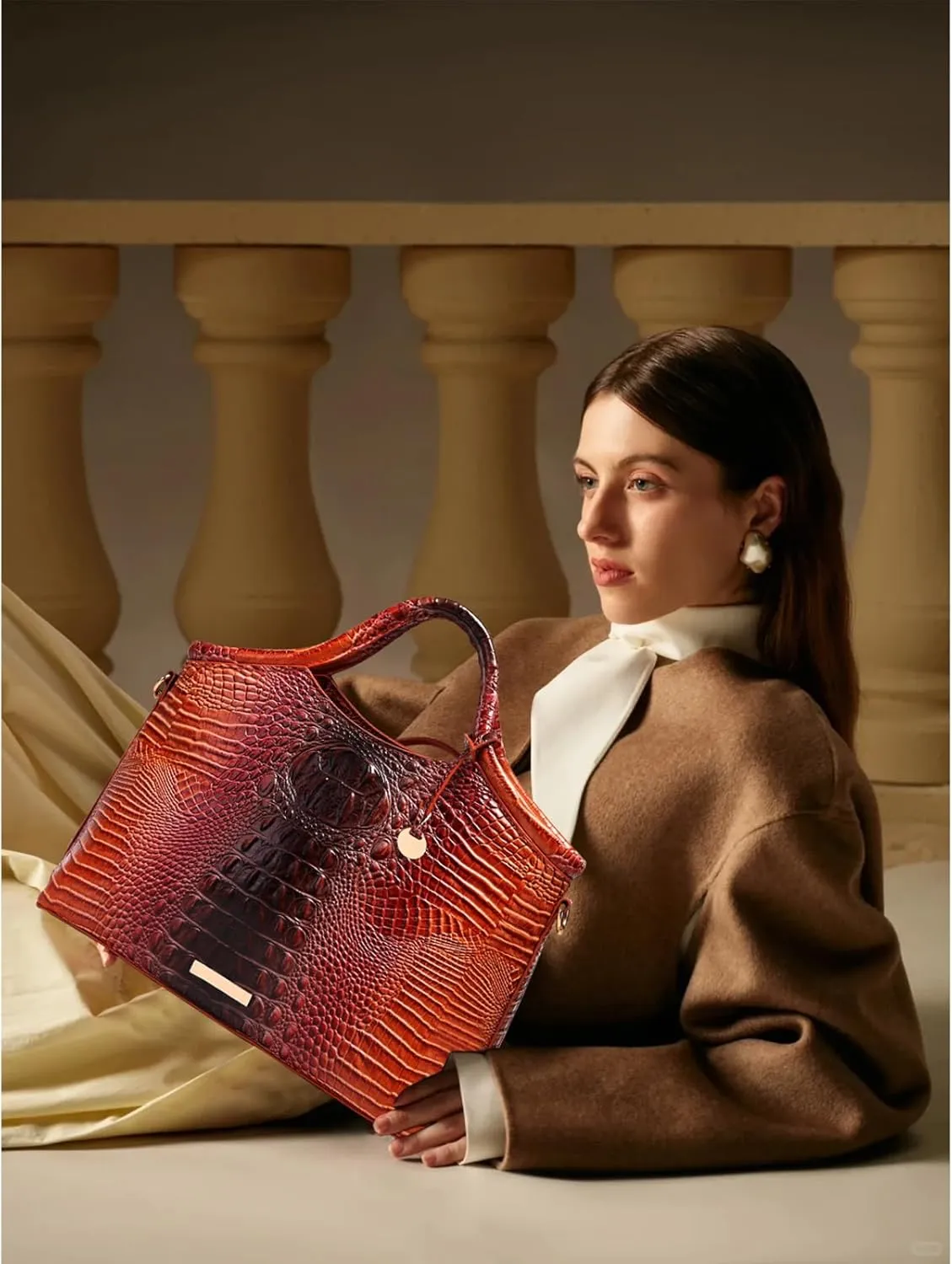 Crocodile Pattern Gradient Top Handle Satchel Large Capacity Tote Bag Casual Versatile Commuter Bag Leather