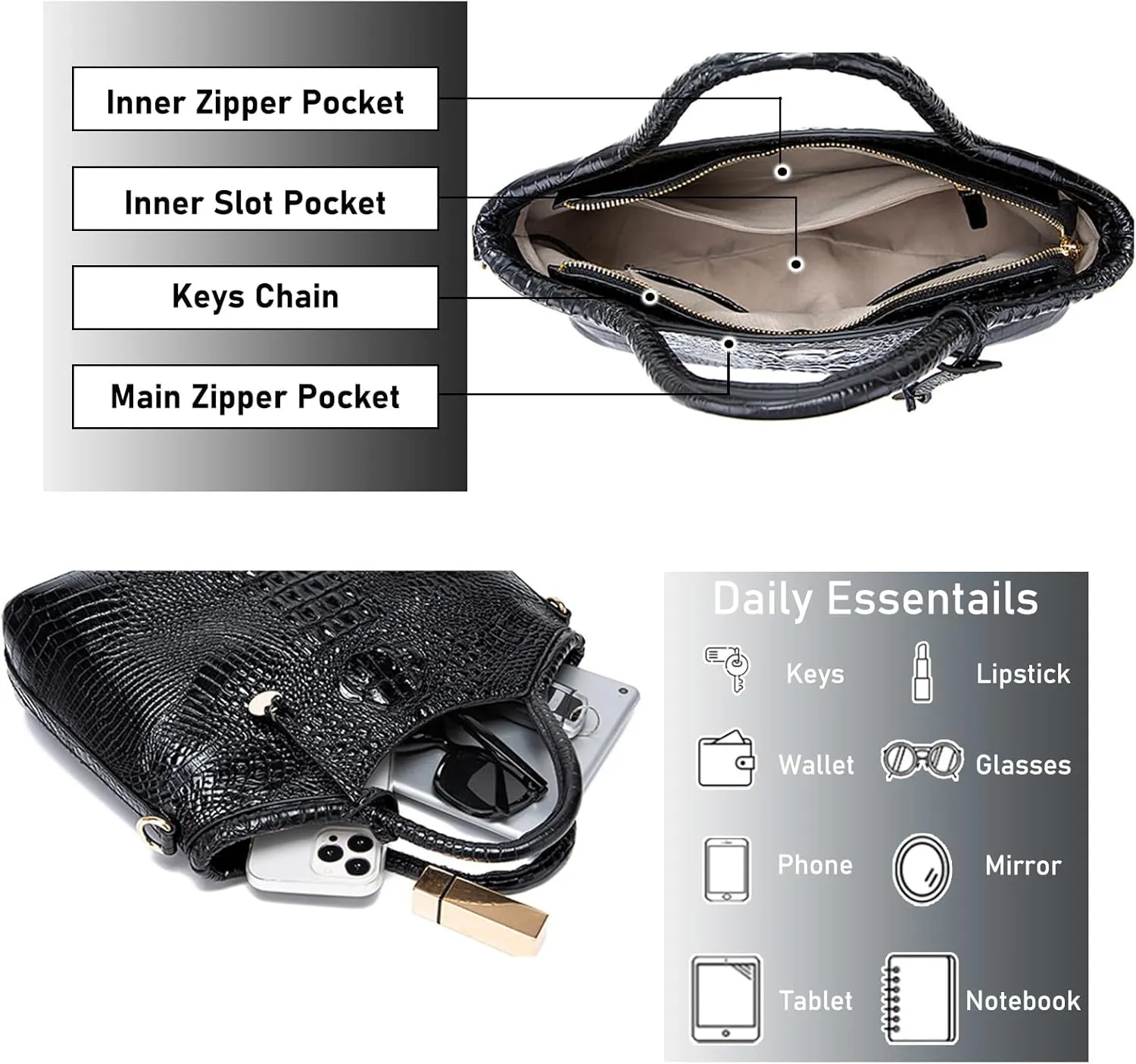 Crocodile Pattern Gradient Top Handle Satchel Large Capacity Tote Bag Casual Versatile Commuter Bag Leather