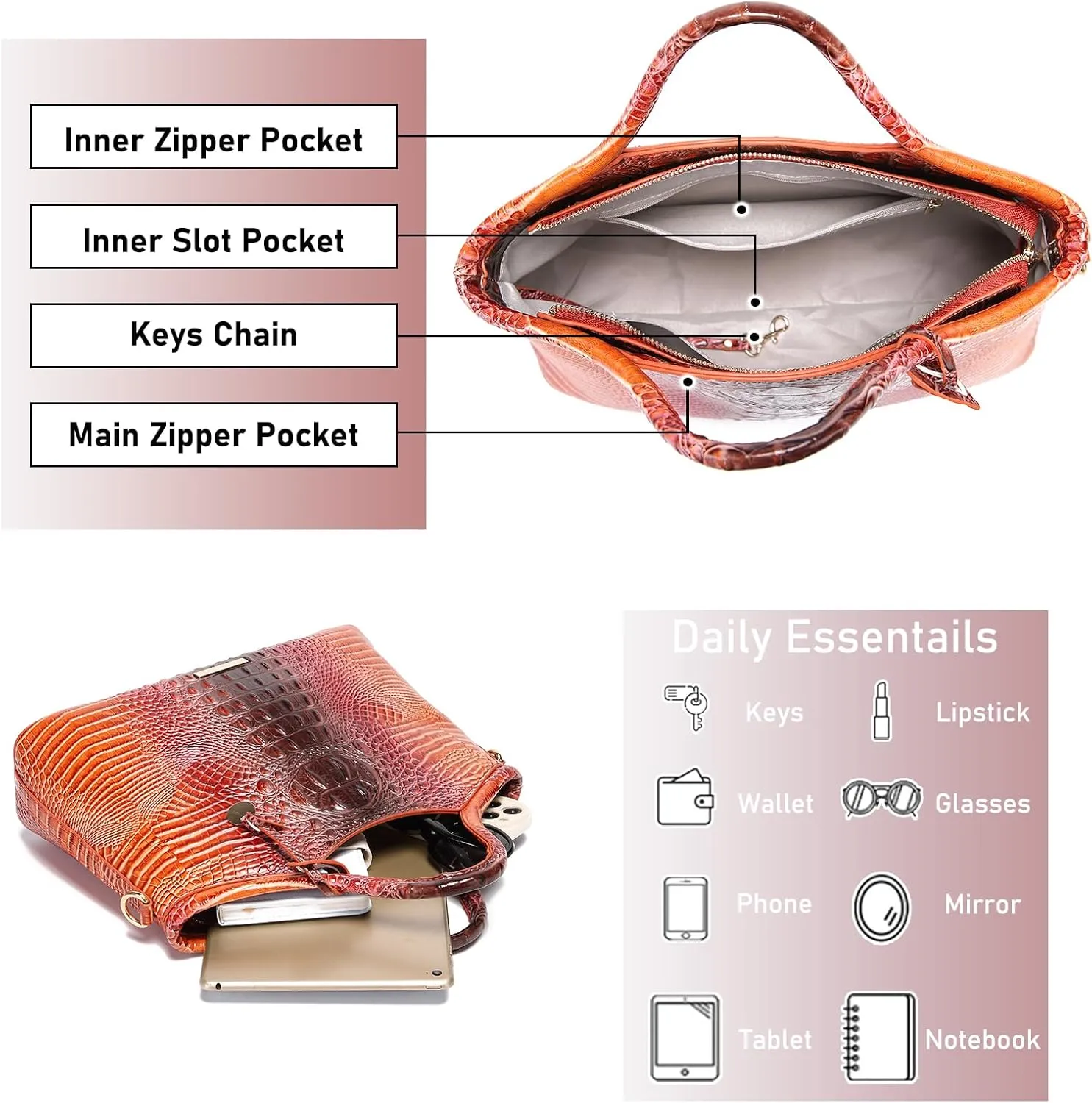 Crocodile Pattern Gradient Top Handle Satchel Large Capacity Tote Bag Casual Versatile Commuter Bag Leather
