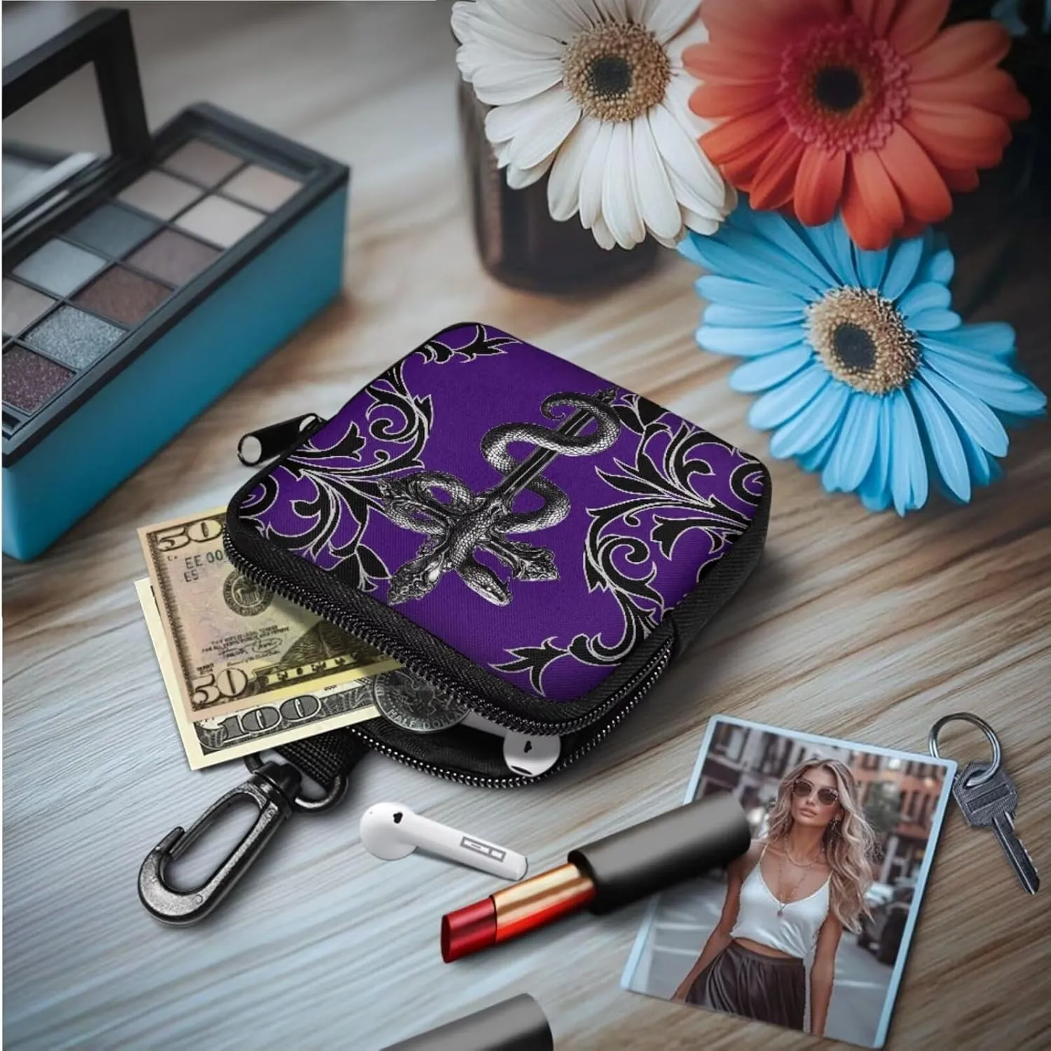 Cross Snake Print Mini Coin Purse Gothic Zipper Wallet Card Holder Money Pouch Tactical Bag, Black Damask Floral Coin Purse Mini Coin Pocket, Purple