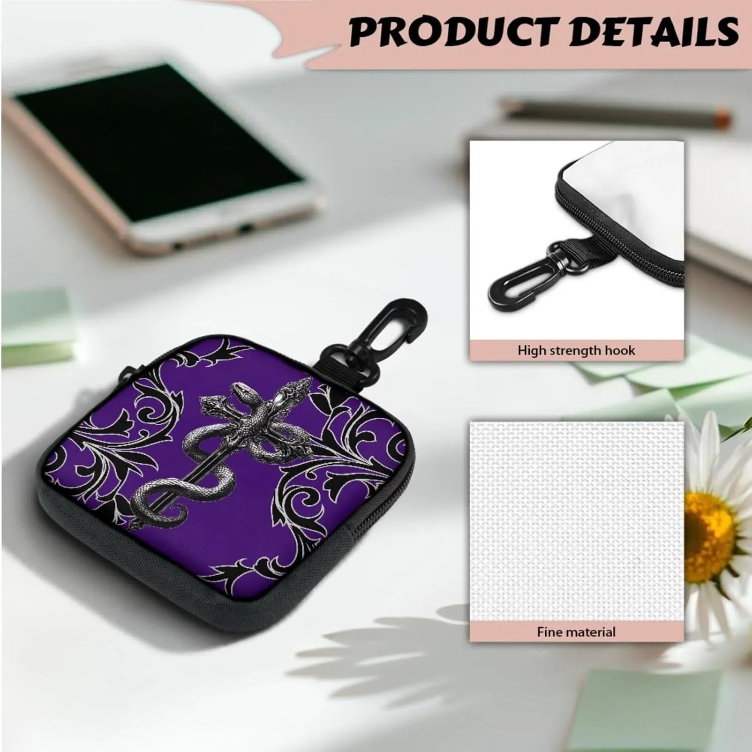 Cross Snake Print Mini Coin Purse Gothic Zipper Wallet Card Holder Money Pouch Tactical Bag, Black Damask Floral Coin Purse Mini Coin Pocket, Purple
