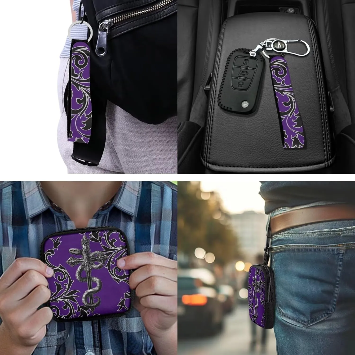 Cross Snake Print Mini Coin Purse Gothic Zipper Wallet Card Holder Money Pouch Tactical Bag, Black Damask Floral Coin Purse Mini Coin Pocket, Purple