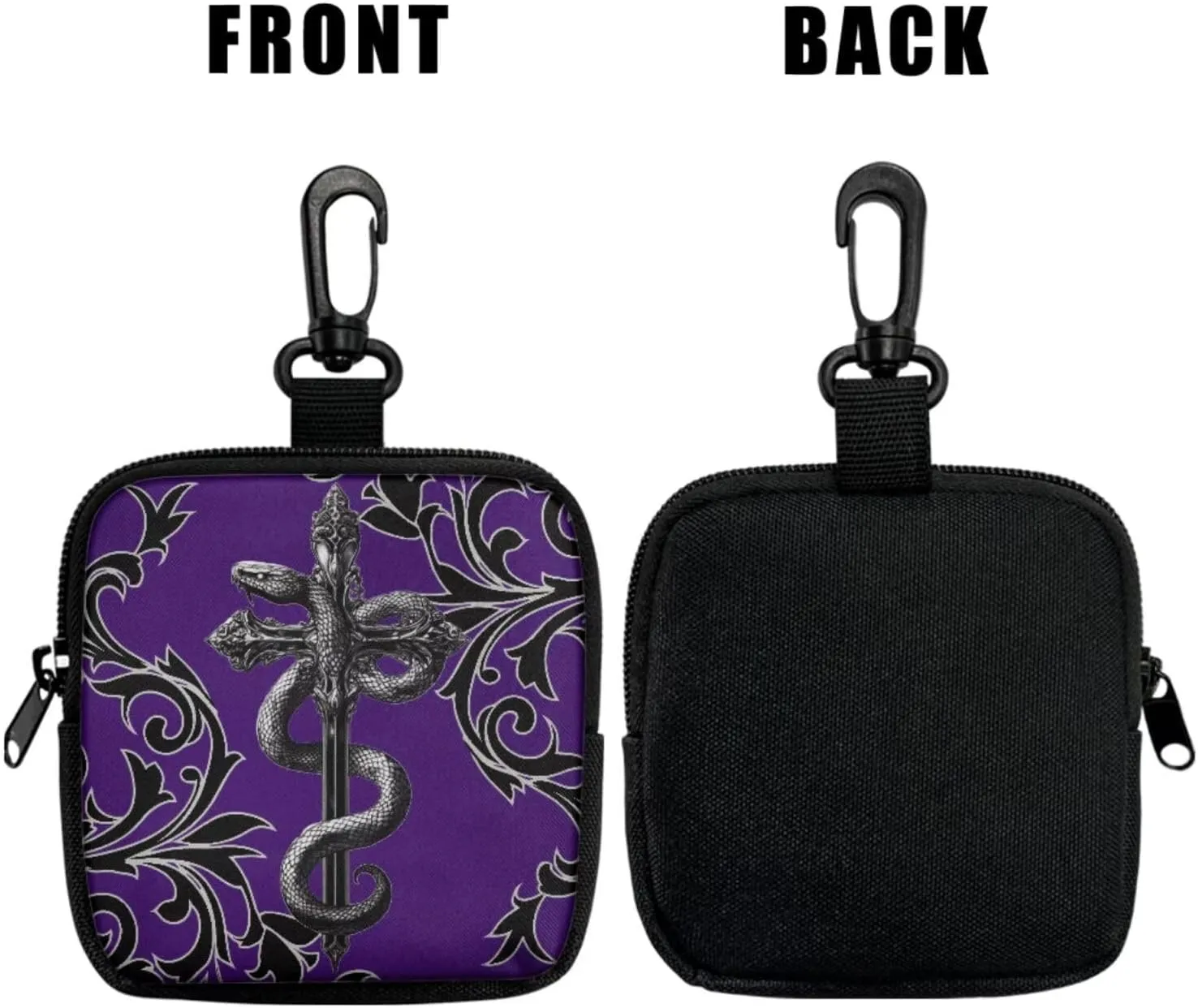 Cross Snake Print Mini Coin Purse Gothic Zipper Wallet Card Holder Money Pouch Tactical Bag, Black Damask Floral Coin Purse Mini Coin Pocket, Purple