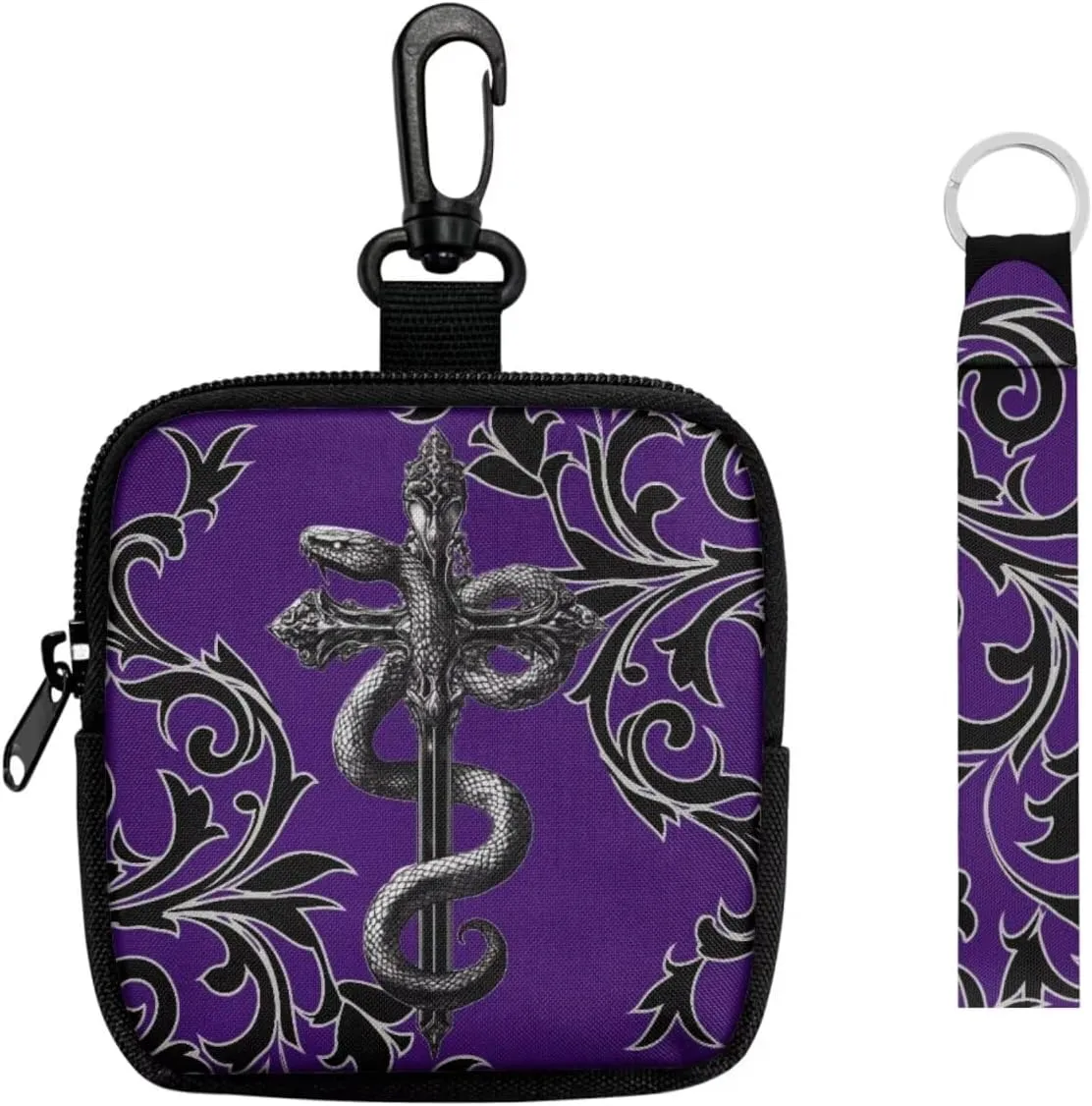 Cross Snake Print Mini Coin Purse Gothic Zipper Wallet Card Holder Money Pouch Tactical Bag, Black Damask Floral Coin Purse Mini Coin Pocket, Purple