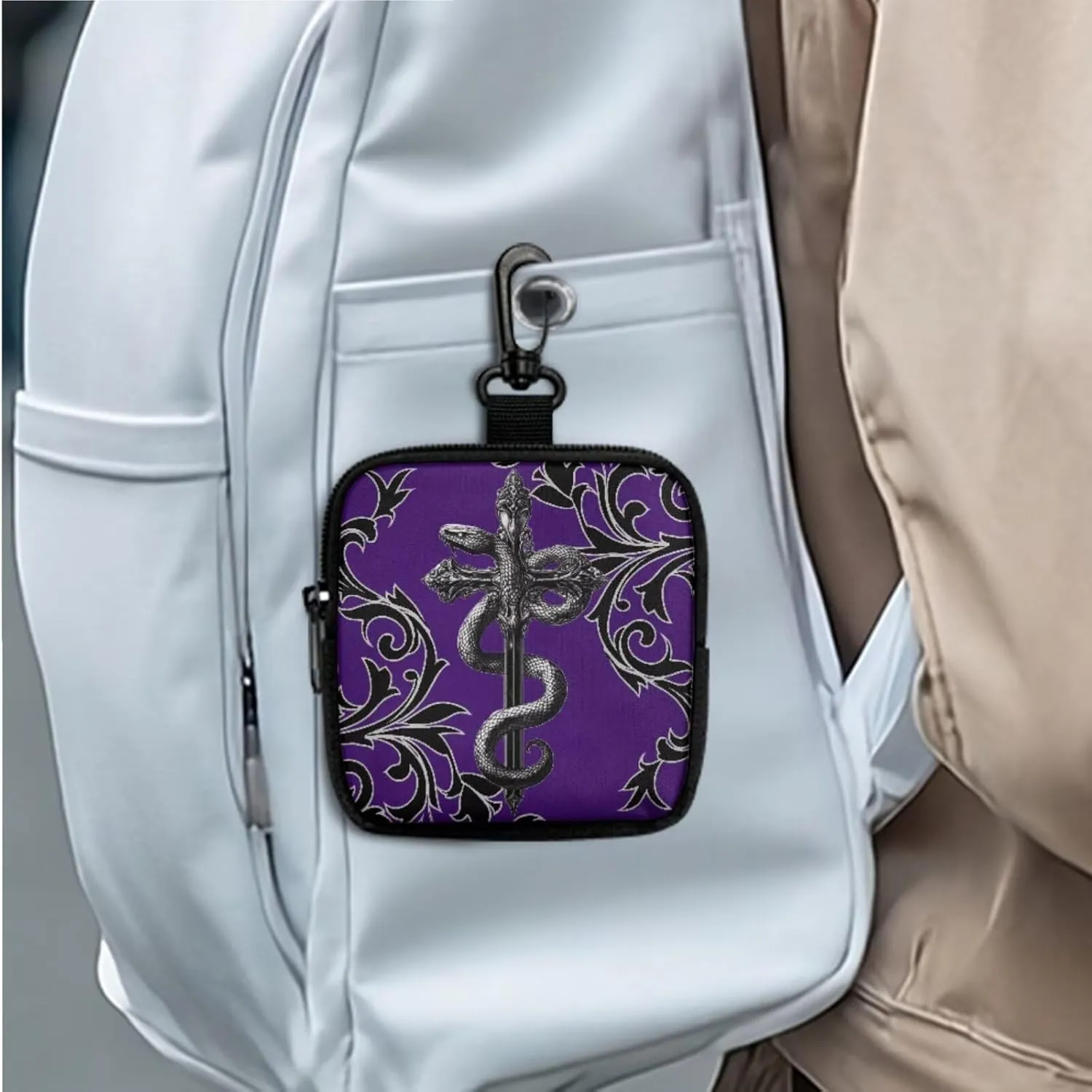 Cross Snake Print Mini Coin Purse Gothic Zipper Wallet Card Holder Money Pouch Tactical Bag, Black Damask Floral Coin Purse Mini Coin Pocket, Purple