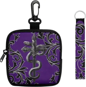 Cross Snake Print Mini Coin Purse Gothic Zipper Wallet Card Holder Money Pouch Tactical Bag, Black Damask Floral Coin Purse Mini Coin Pocket, Purple