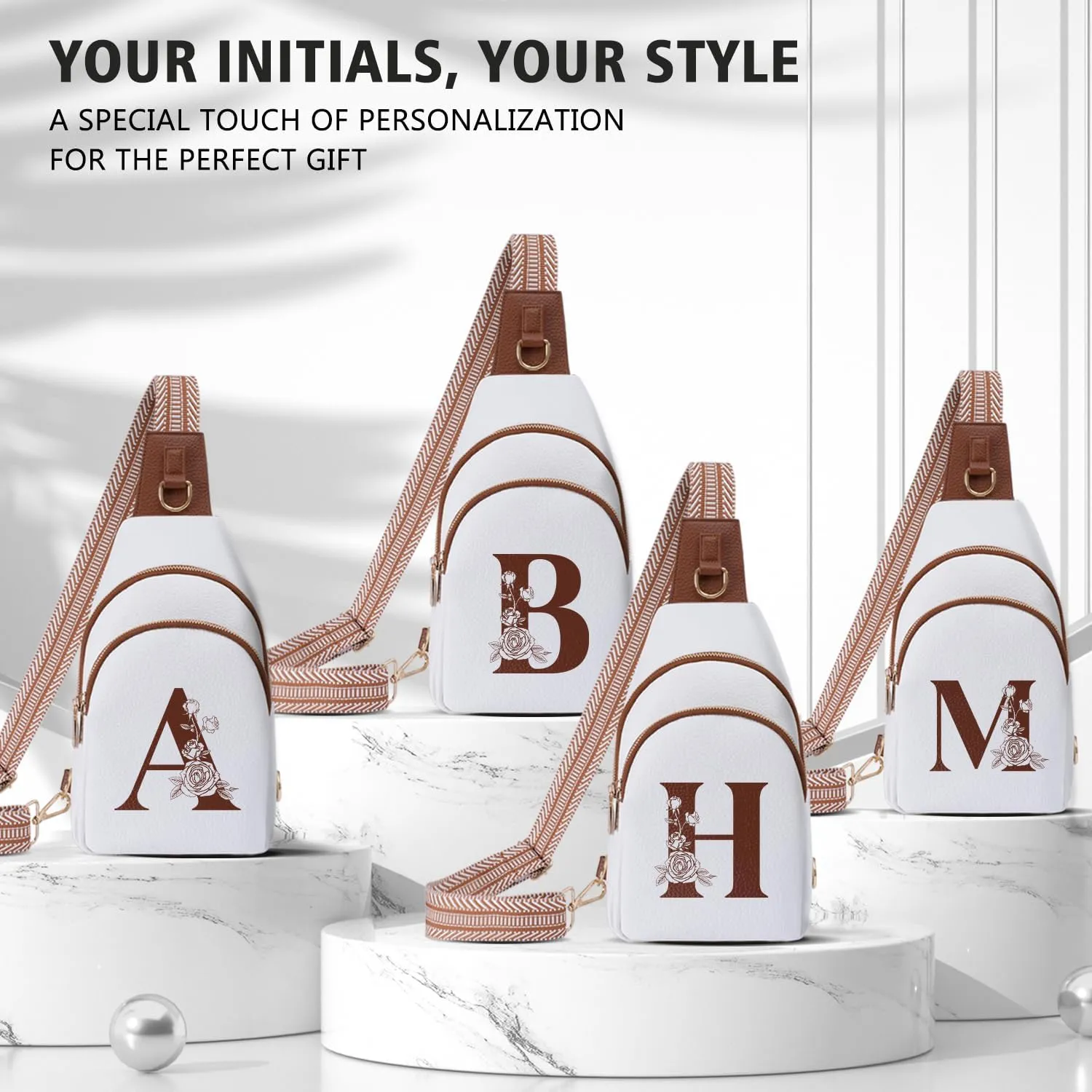 Crossbody Bag for Women Leather Sling Bags with Initial Letter Fanny Chest Pack Bag for Travel, Gift for Wife Mom