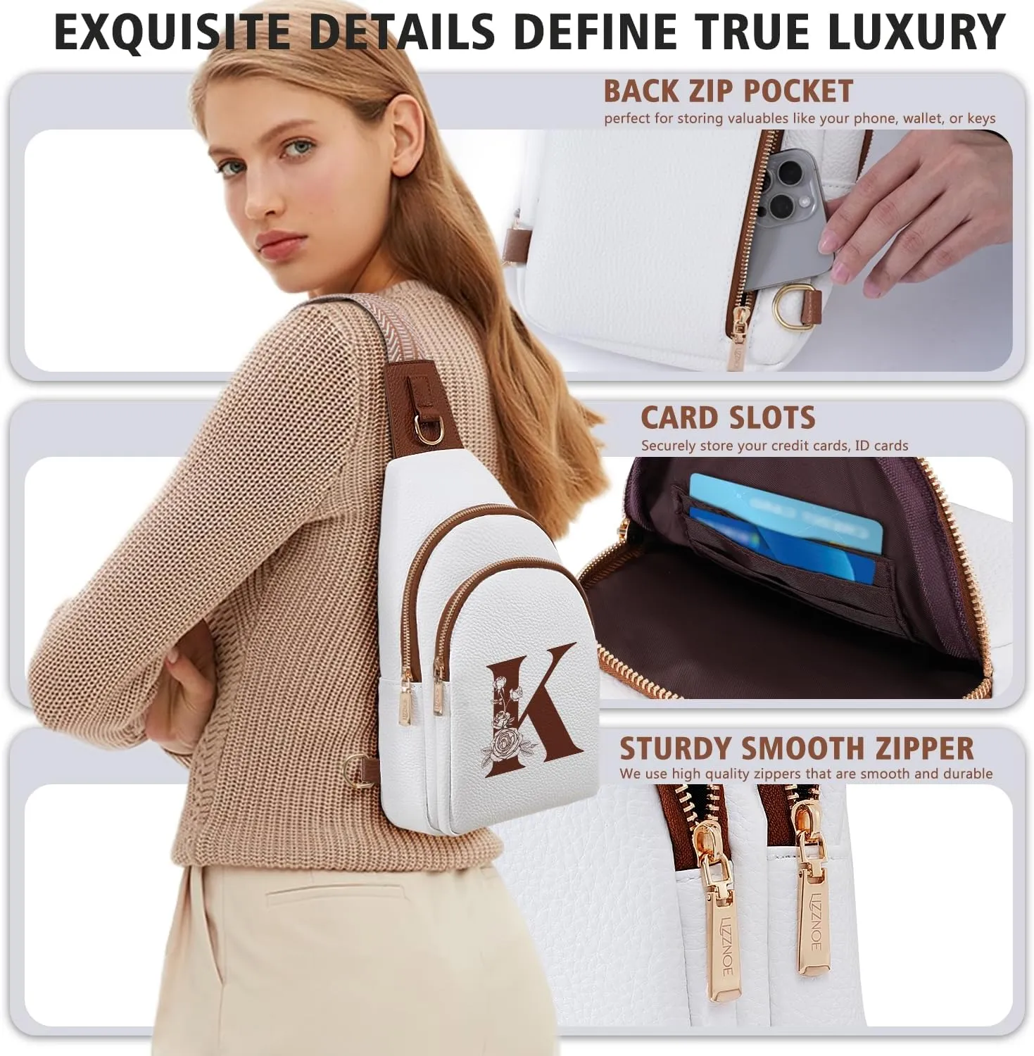 Crossbody Bag for Women Leather Sling Bags with Initial Letter Fanny Chest Pack Bag for Travel, Gift for Wife Mom