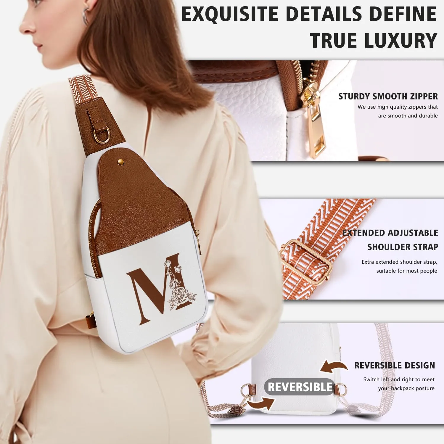 Crossbody Bag for Women Leather Sling Bags with Initial Letter Fanny Pack Chest Bag for Travel, Gift for Mom Wife