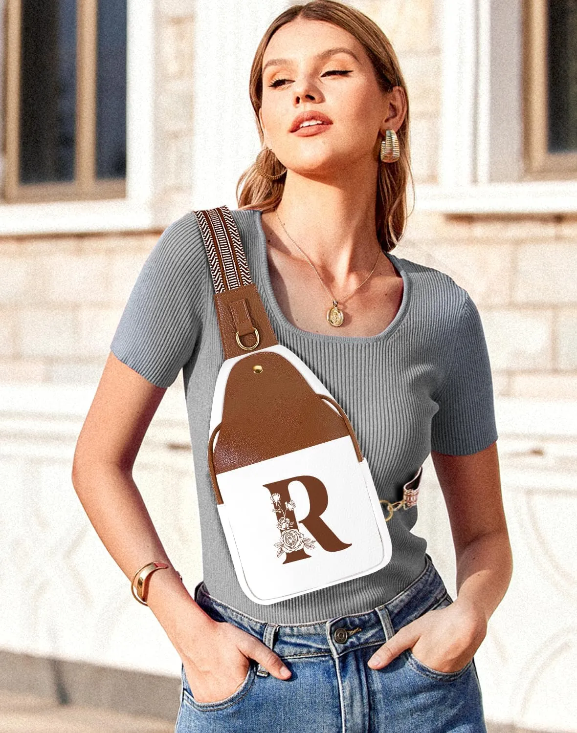 Crossbody Bag for Women Leather Sling Bags with Initial Letter Fanny Pack Chest Bag for Travel, Gift for Mom Wife