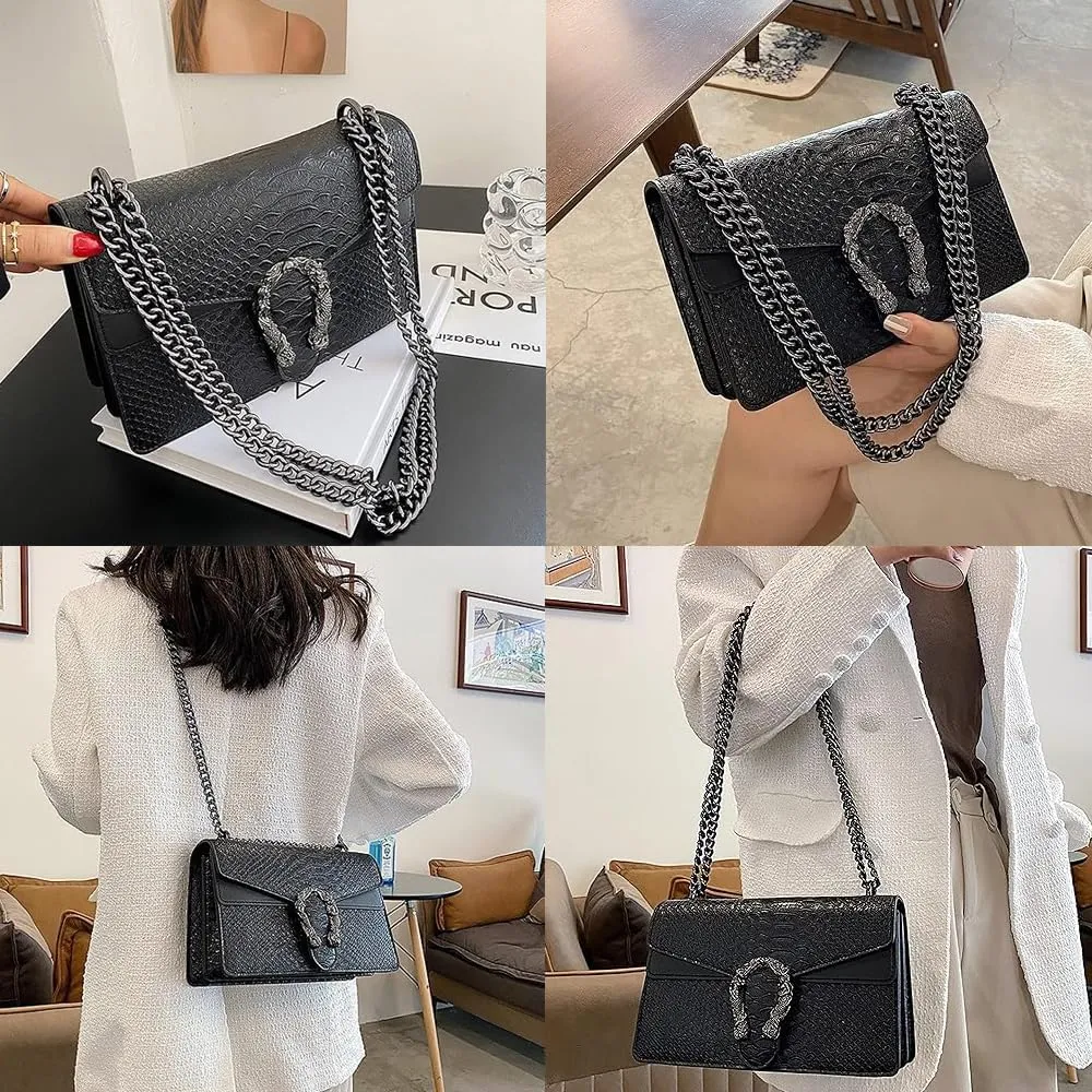 Crossbody Chain Purses for Women - Crocodile Snake Pattern Leather Shoulder Handbags Evening Clutch Satchel Bags