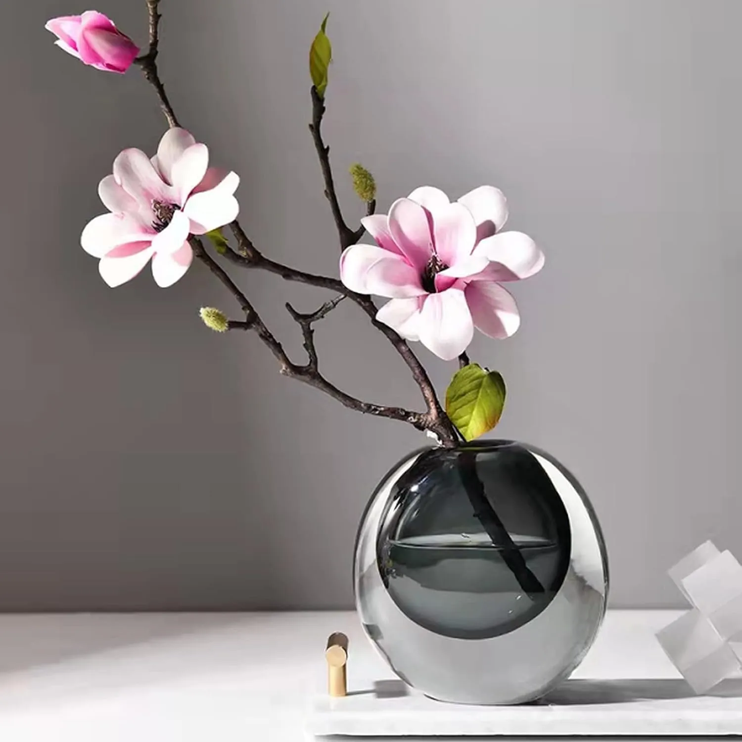 Crystal Vase, Modern Decorative Vase, Minimalist Floral Vase, Light Luxury Style for Home Decor, Centerpiece, Office, Pampas Grass, Dried Flowers, Flowers and Buds (Grey)