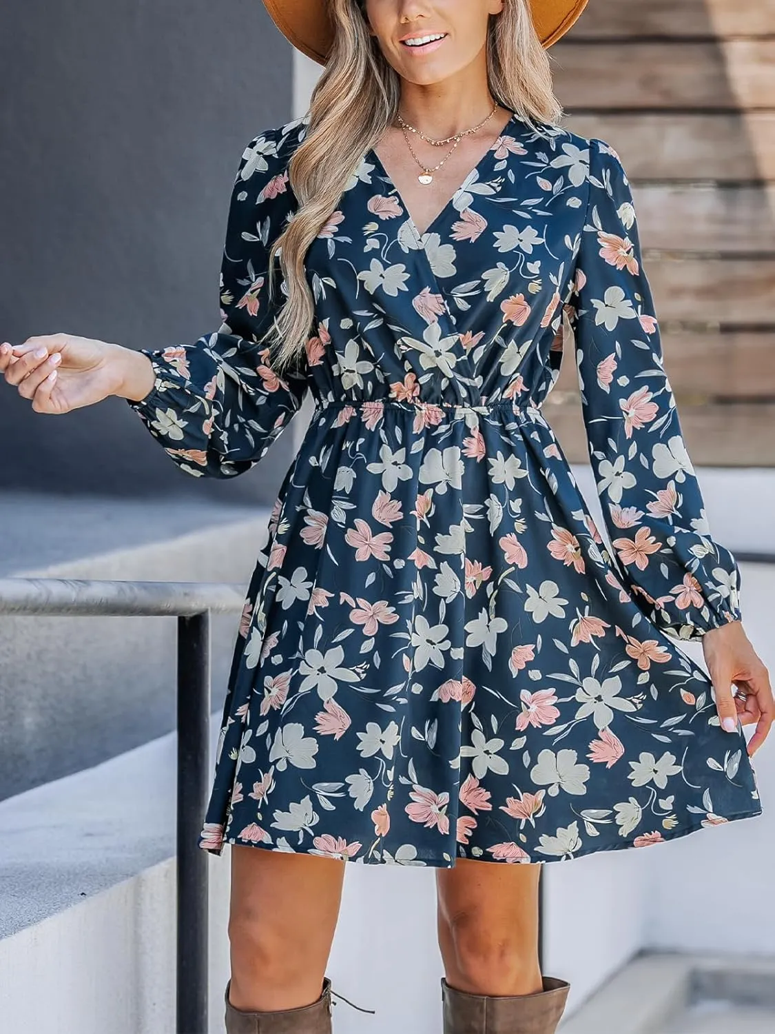 CUPSHE Women Floral Ruffle Summer Dress Surplice V Neck Long Peasant Sleeve Elastic Waist Flowy Casual Holiday Mini Dress