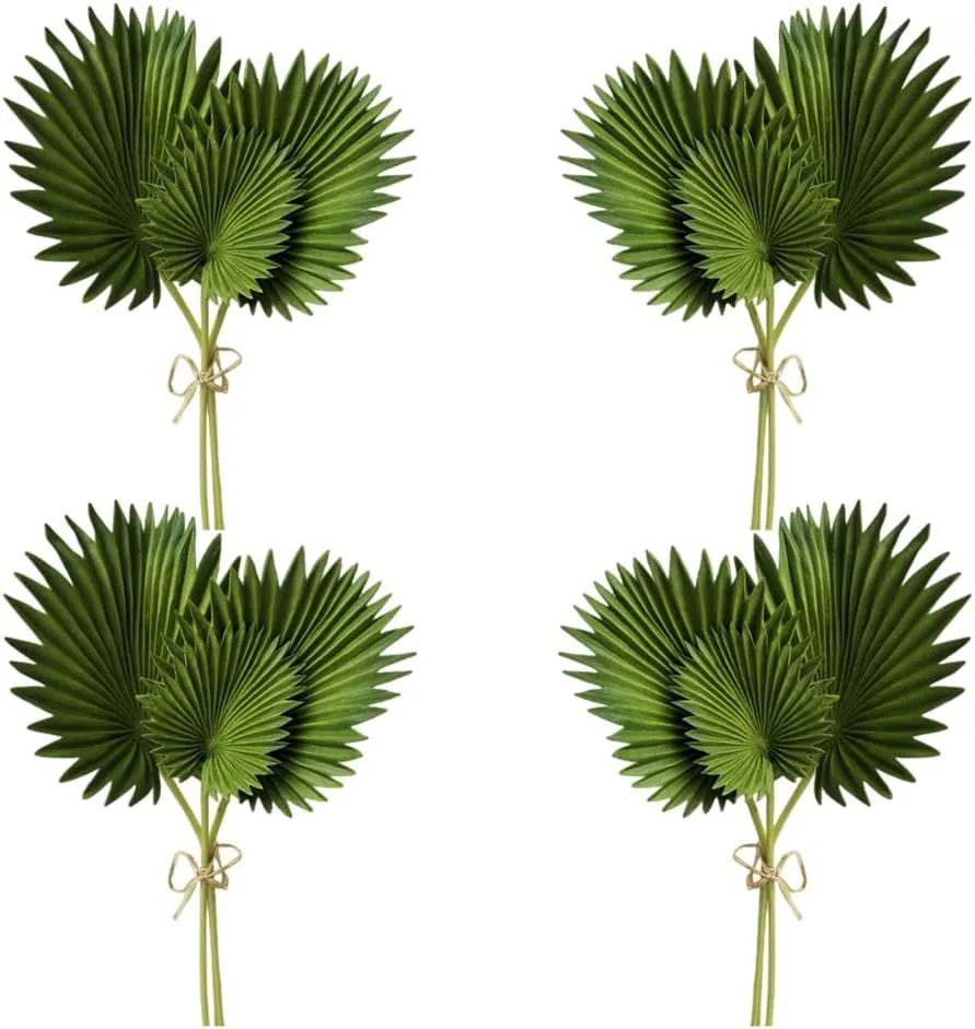 CURTEK 4 Bundles Artificial Palm Leaves Plants Single Stem Fan Leaf Plant Tropical Palm Green Leaves Plant Fake Palm Plants Stems Leaf for Home Garden Hawaiian Party Jungle Party Decoration