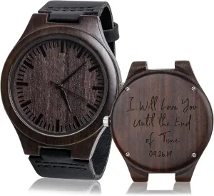 Custom Engraved Vintage Analog Quartz Wooden Wrist Watches Casual Men Watch with Cowhide Leather Strap Personalized Watch Birthday Christmas Gifts