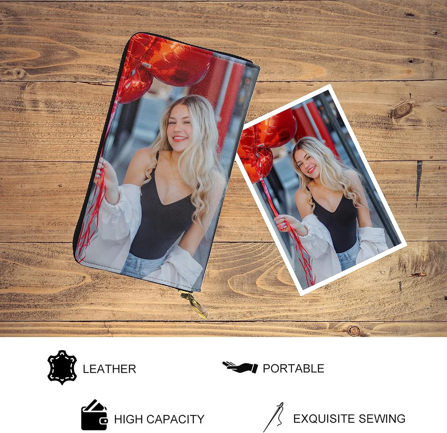 Custom Leather Wallets for Men Women Personalized Photo Wallets Zipper Purse Clutch Bag for Birthday Anniversary Valentines Day Gift (Different Design on Two Sides)