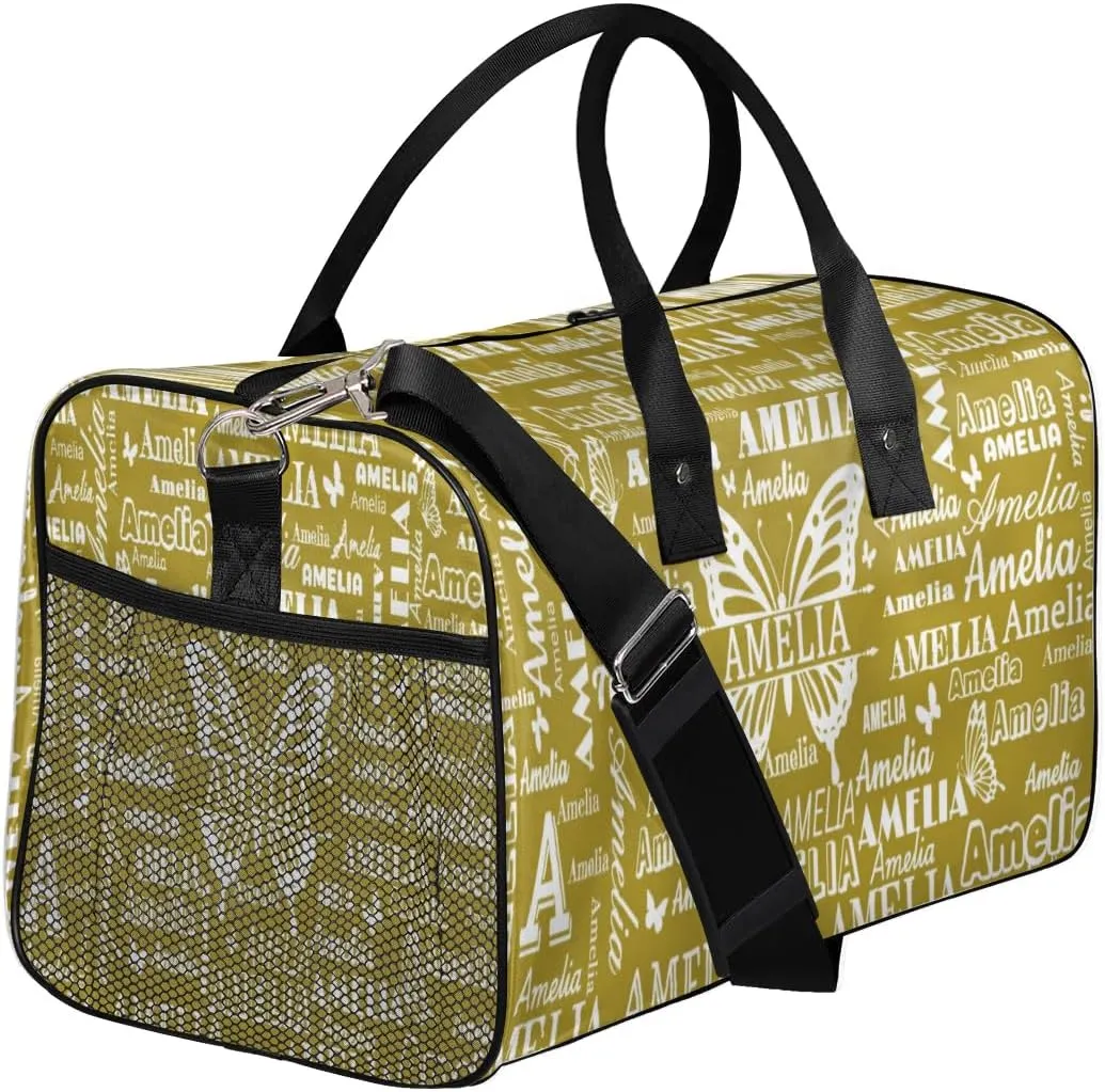 Custom Name Sport Duffel Bag with Butterfly, Personalized Initial Gym Bag for Women, Custom Travel Tote Bags for Dance Cheer, Overnight Weekender Bags, Brown