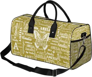 Custom Name Sport Duffel Bag with Butterfly, Personalized Initial Gym Bag for Women, Custom Travel Tote Bags for Dance Cheer, Overnight Weekender Bags, Brown