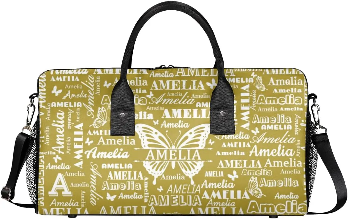 Custom Name Sport Duffel Bag with Butterfly, Personalized Initial Gym Bag for Women, Custom Travel Tote Bags for Dance Cheer, Overnight Weekender Bags, Brown