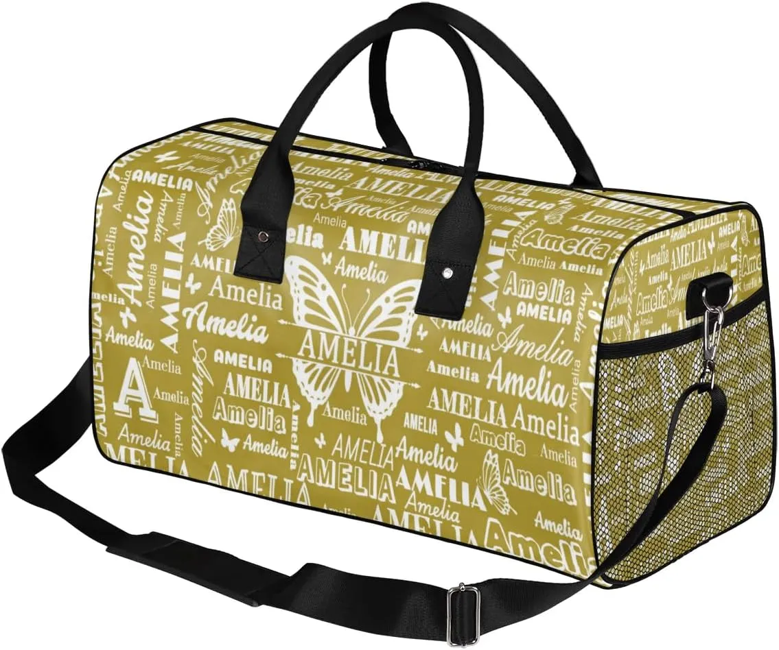 Custom Name Sport Duffel Bag with Butterfly, Personalized Initial Gym Bag for Women, Custom Travel Tote Bags for Dance Cheer, Overnight Weekender Bags, Brown