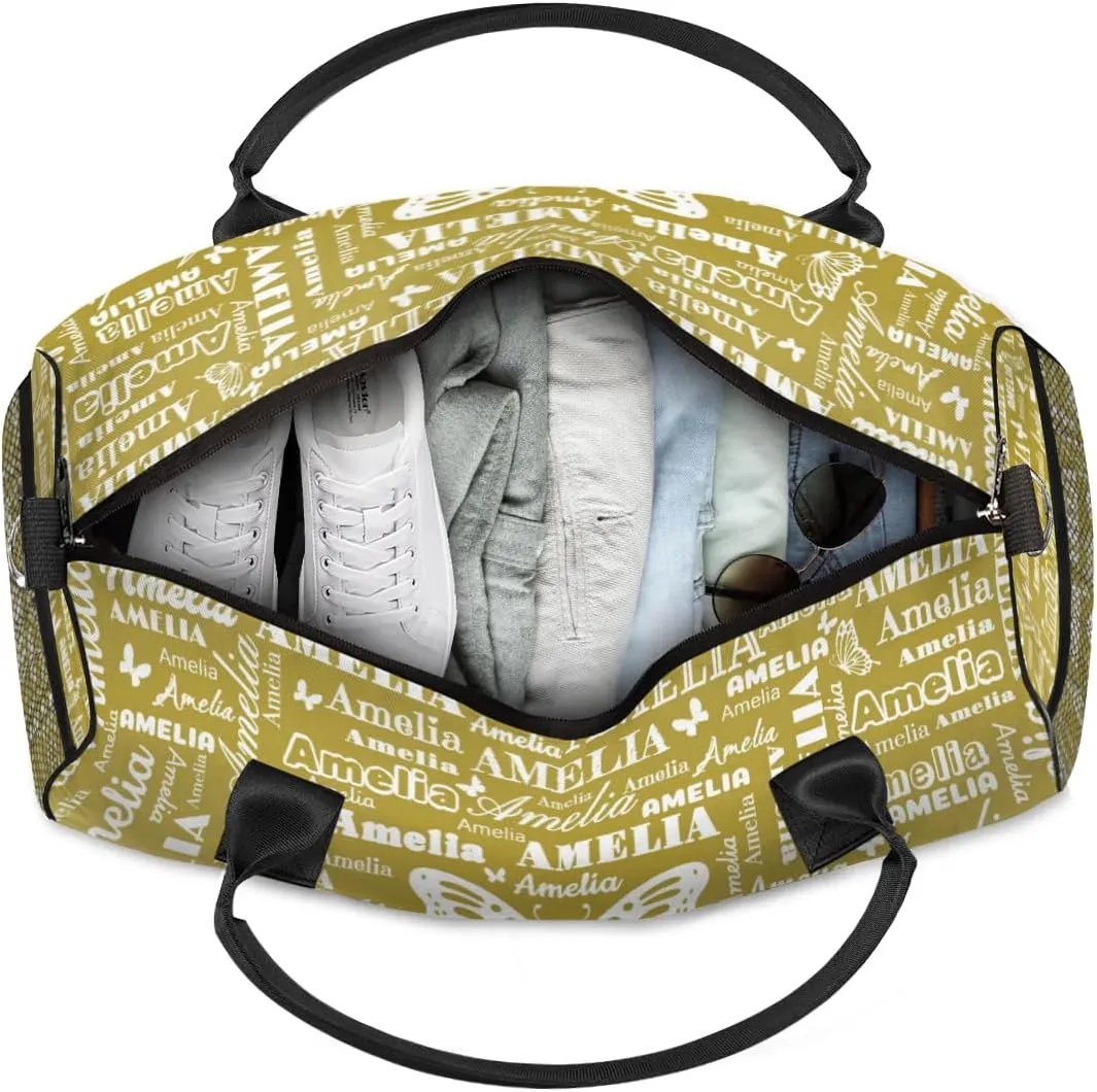 Custom Name Sport Duffel Bag with Butterfly, Personalized Initial Gym Bag for Women, Custom Travel Tote Bags for Dance Cheer, Overnight Weekender Bags, Brown