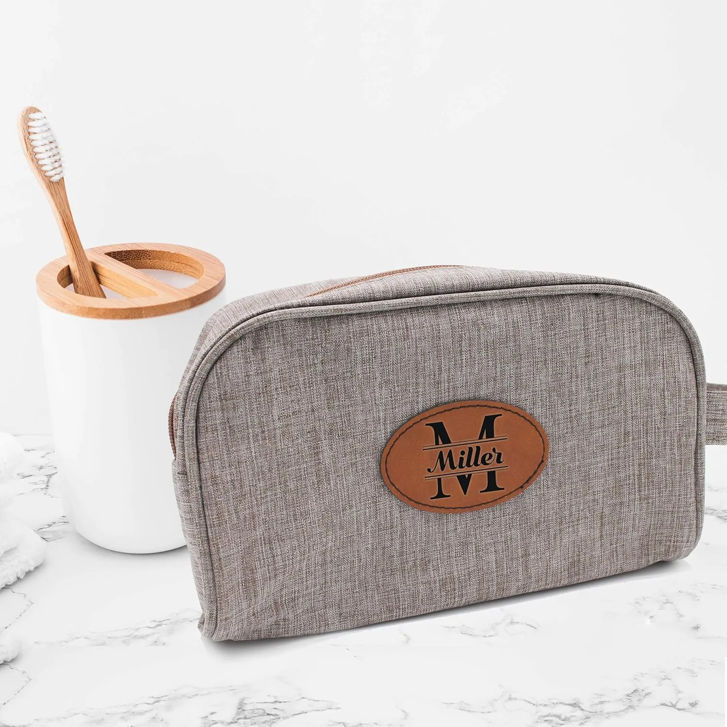 Custom Personalized Toiletry Bag, Engraved Cosmetic Organizer, Makeup or Dopp Kit, Gifts for Fathers, Mothers Day, Husband, Wife (Taupe)
