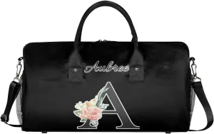 Custom Travel Duffel Bag with Initial, Personalized Letters Gym Bag for Women Men Sports Bags for Swimming Running Playing, Weekender Overnight Bags, Black