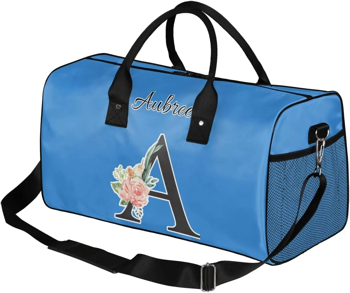 Custom Travel Duffel Bag with Initial, Personalized Letters Gym Bag for Women Men Sports Bags for Swimming Running Playing, Weekender Overnight Bags, Blue