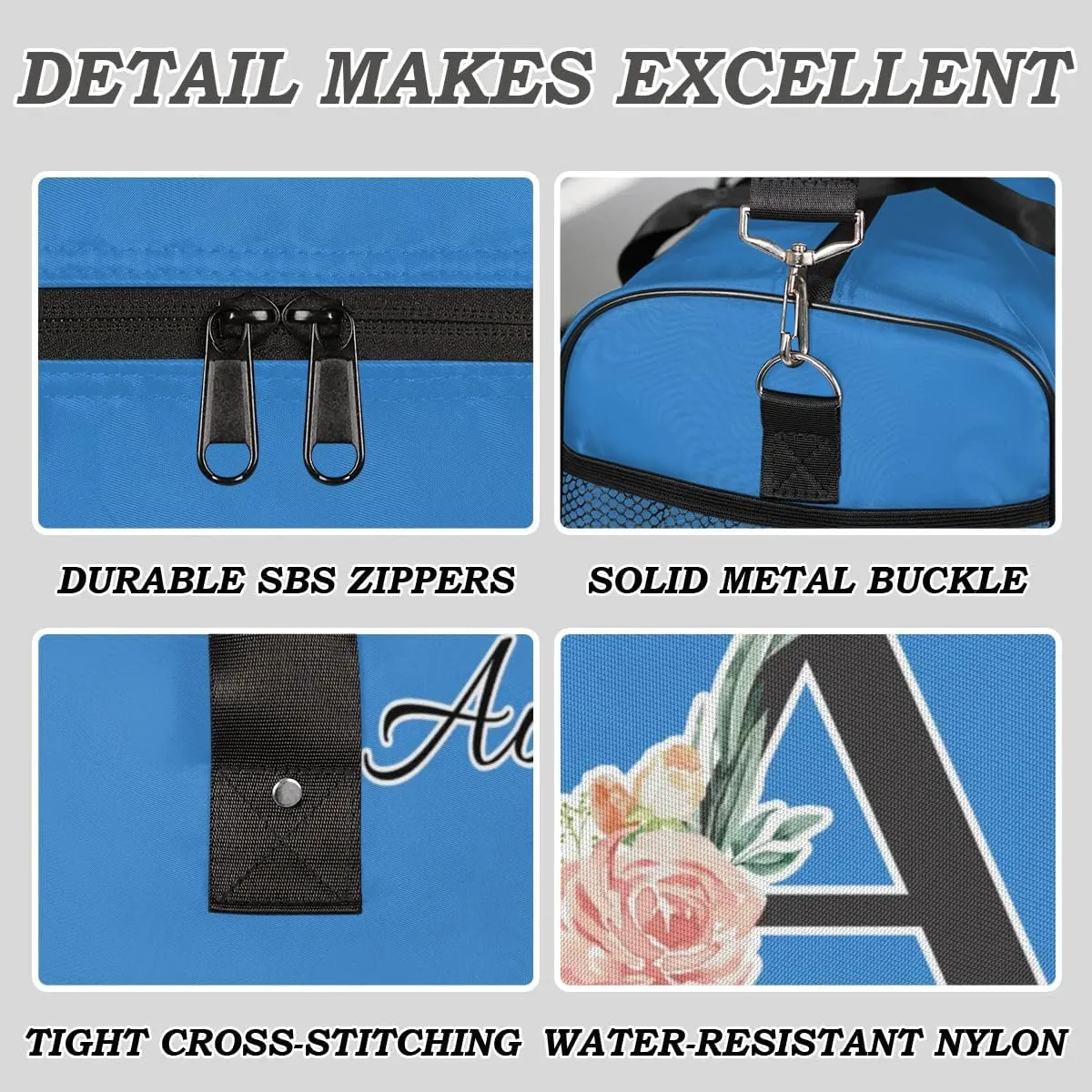 Custom Travel Duffel Bag with Initial, Personalized Letters Gym Bag for Women Men Sports Bags for Swimming Running Playing, Weekender Overnight Bags, Blue